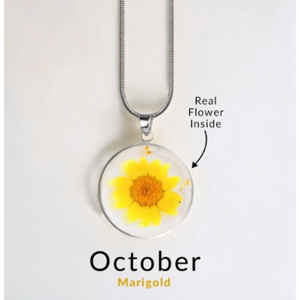Mint & Lilly Pressed Birth Flower Necklace*October*Marigold*Silver